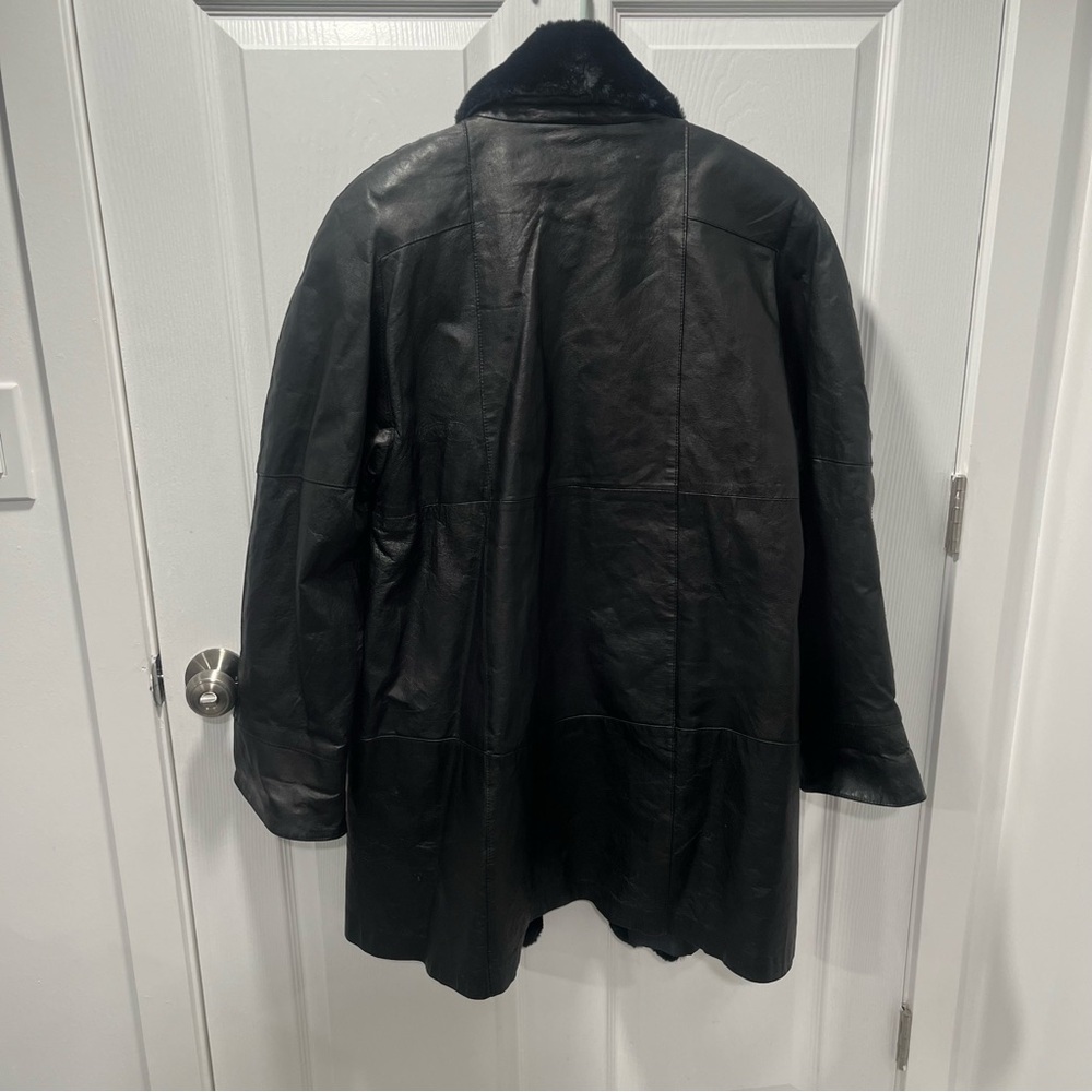 Vintage Leather Jacket Faux Fur Trim Black M Overcoat - Picture 3 of 9